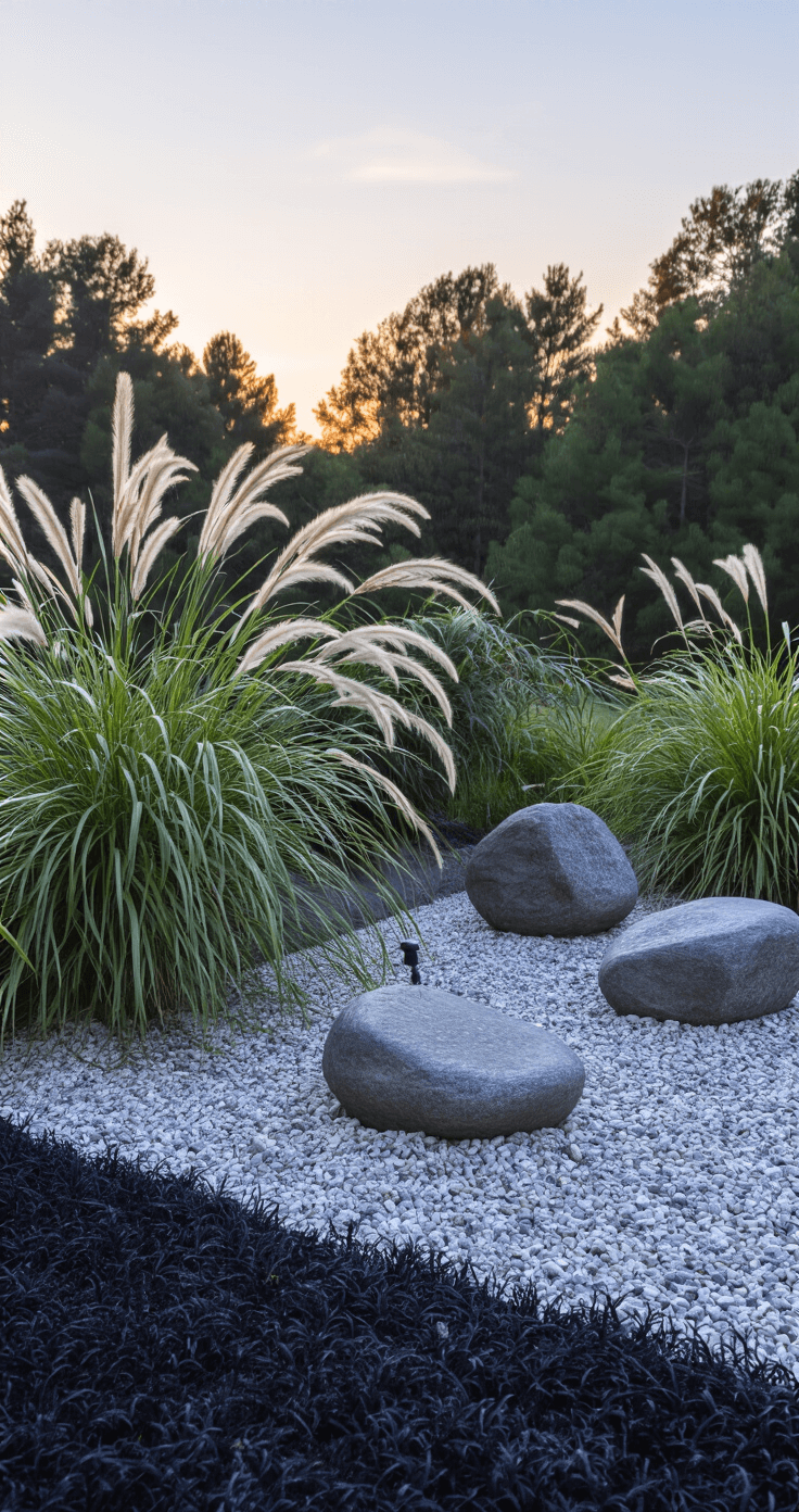 A serene zen-inspired meditation corner at twilight featuring granite boulders, ornamental grasses, and a bamboo water feature, captured in golden hour light with soft water movement and sharp details.
