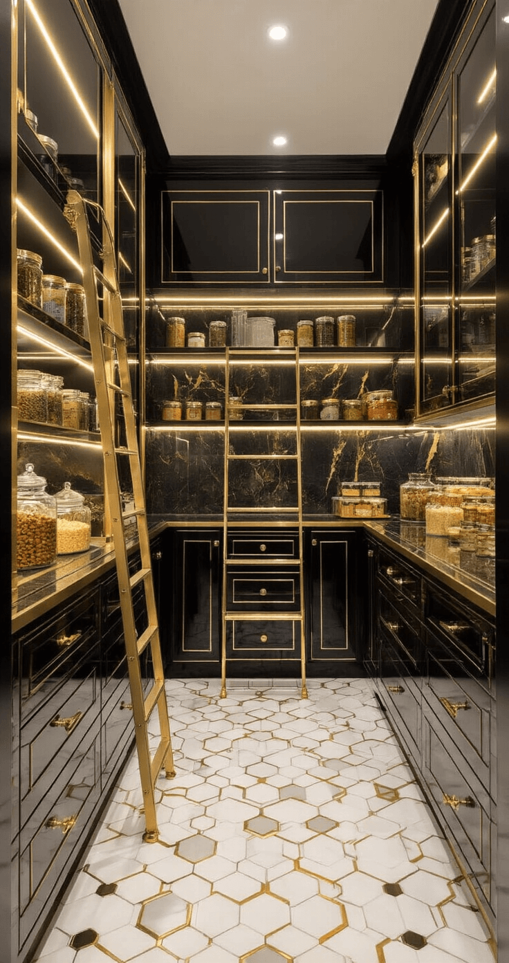 A luxurious Art Deco-inspired pantry featuring high-gloss black lacquer cabinets with brass inlays, illuminated by LED strips and showcasing glass shelves filled with gourmet ingredients. The back wall has a dramatic backlit onyx panel, while the floor is adorned with hexagonal white and gold tiles, complemented by a polished brass rolling ladder.