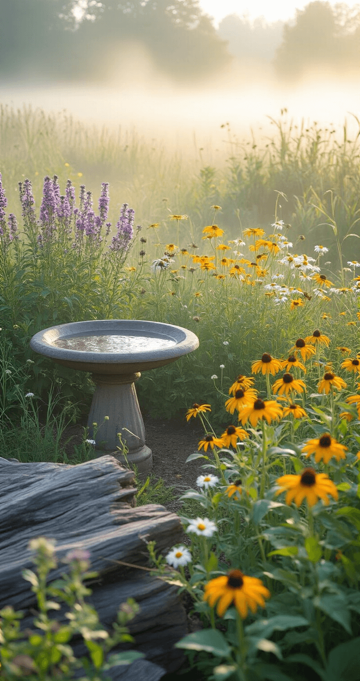 A serene wildlife-friendly habitat bathed in morning mist, featuring drifts of purple, yellow, and white wildflowers around a weathered bird bath, accented by joe pye weed and black-eyed susans, with natural log edges framing the space, illuminated by early morning backlight highlighting dewdrops and spider webs.
