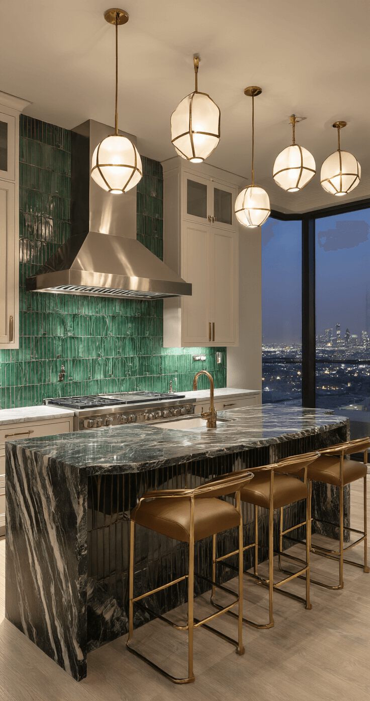 An elegant Art Deco kitchen at twilight, featuring a polished chrome and glass range hood, emerald green tiled walls, a curved black and white marble island with brass insets, and geometric brass and frosted glass pendant lights, all reflected in a mirrored backsplash with city lights visible through large windows.