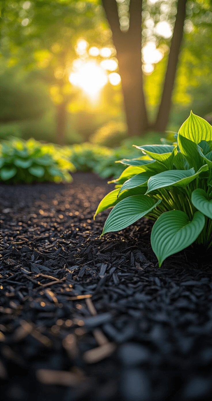 Close-up of rich black mulch surrounding vibrant green hostas, illuminated by early morning golden sunlight filtering through trees, creating dappled patterns on the mulch, with a soft bokeh effect in the background.
