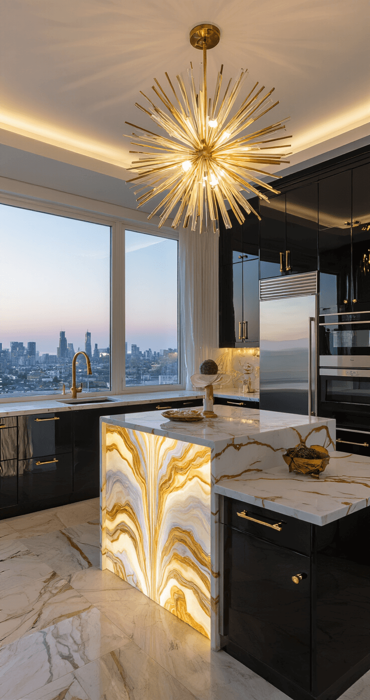 An Art Deco kitchen at dusk with glossy black cabinets and gold hardware, featuring a massive concealed refrigerator, a waterfall countertop in white and gold marble, an abstract sunburst chandelier, and an iridescent chevron backsplash, all illuminated by mood lighting with a city view through sheer draperies.