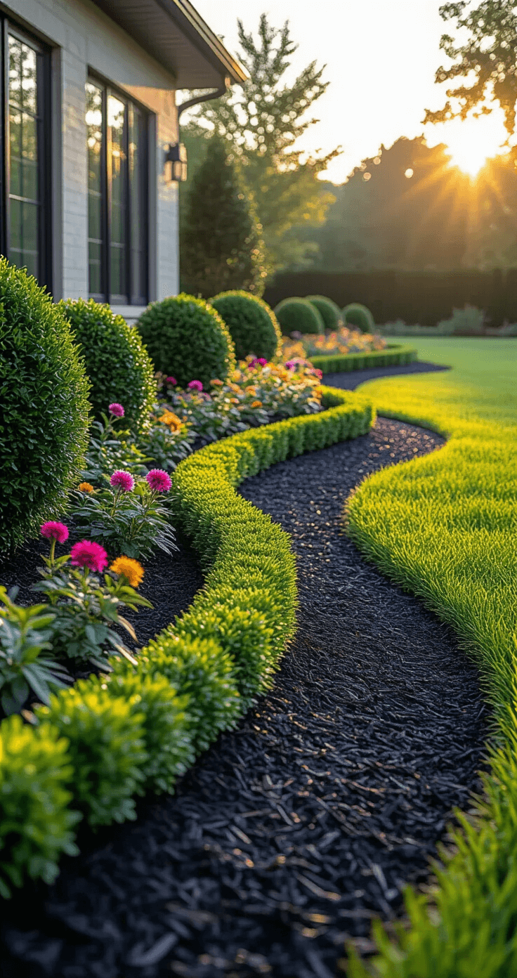 Wide-angle view of a modern home's front garden, featuring black mulch-lined curved beds with boxwoods and flowering perennials, illuminated by the late afternoon sun casting long shadows.