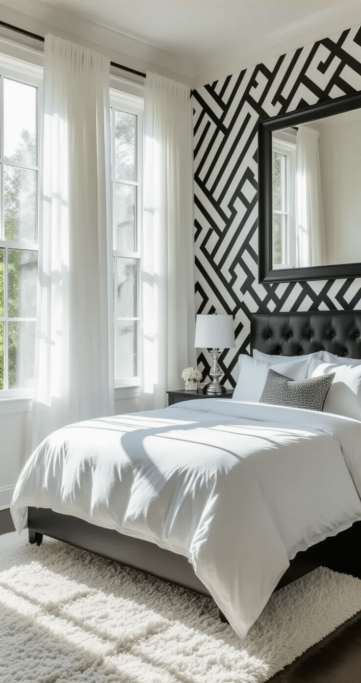 A spacious 12x14ft bedroom with soft morning light, featuring a king-size bed with white linen bedding and a black leather headboard, geometric black and white wallpaper, a fluffy white shag rug, silver bedside lamps, and a large black-framed mirror.