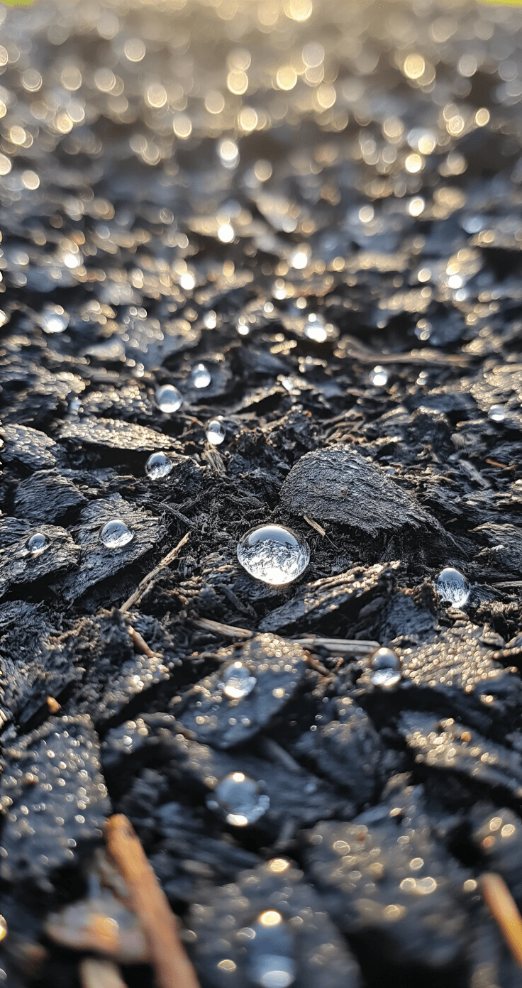 Close-up of black mulch exhibiting moisture retention, with early morning side lighting accentuating glistening water droplets on the surface. Macro lens captures detailed texture and varied tones of the mulch, with the camera positioned inches away at a 30-degree angle, enhanced by studio lighting to highlight the shimmering droplets.