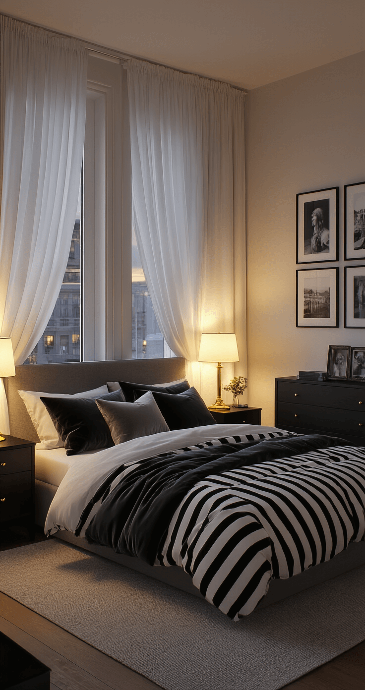 A cozy bedroom at dusk with warm ambient lighting, featuring a queen-size bed with striped black and white bedding and gray velvet cushions, a sleek black dresser with framed photographs, and sheer white curtains billowing from floor-to-ceiling windows. Shot from a low angle near the foot of the bed, enhancing the inviting atmosphere.