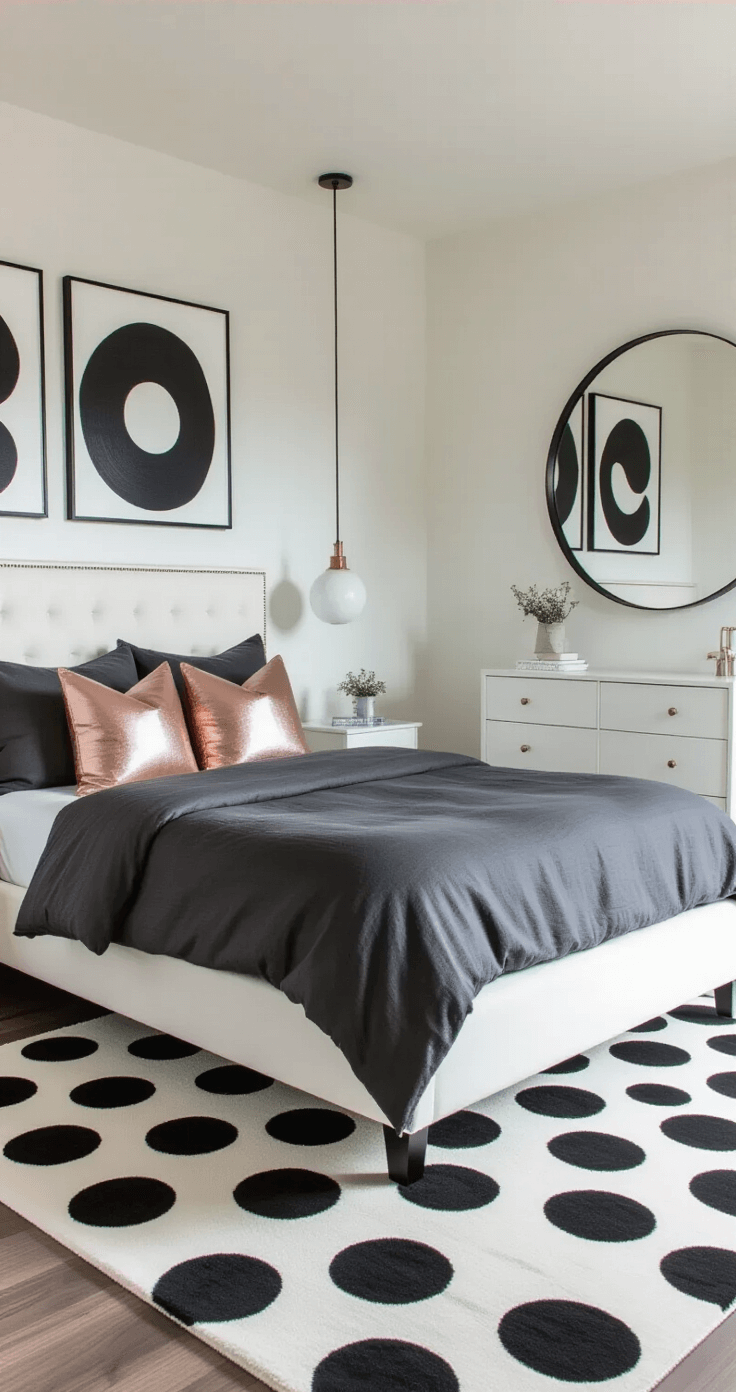 Chic 11x13ft bedroom filled with afternoon sunlight, featuring a platform bed with a white upholstered frame, charcoal linen bedding, and metallic rose gold throw pillows. A black and white polka dot rug and an abstract art gallery wall enhance the modern aesthetic. A sleek white vanity with a round mirror completes the stylish layout, captured from an elevated corner angle with high-key lighting.