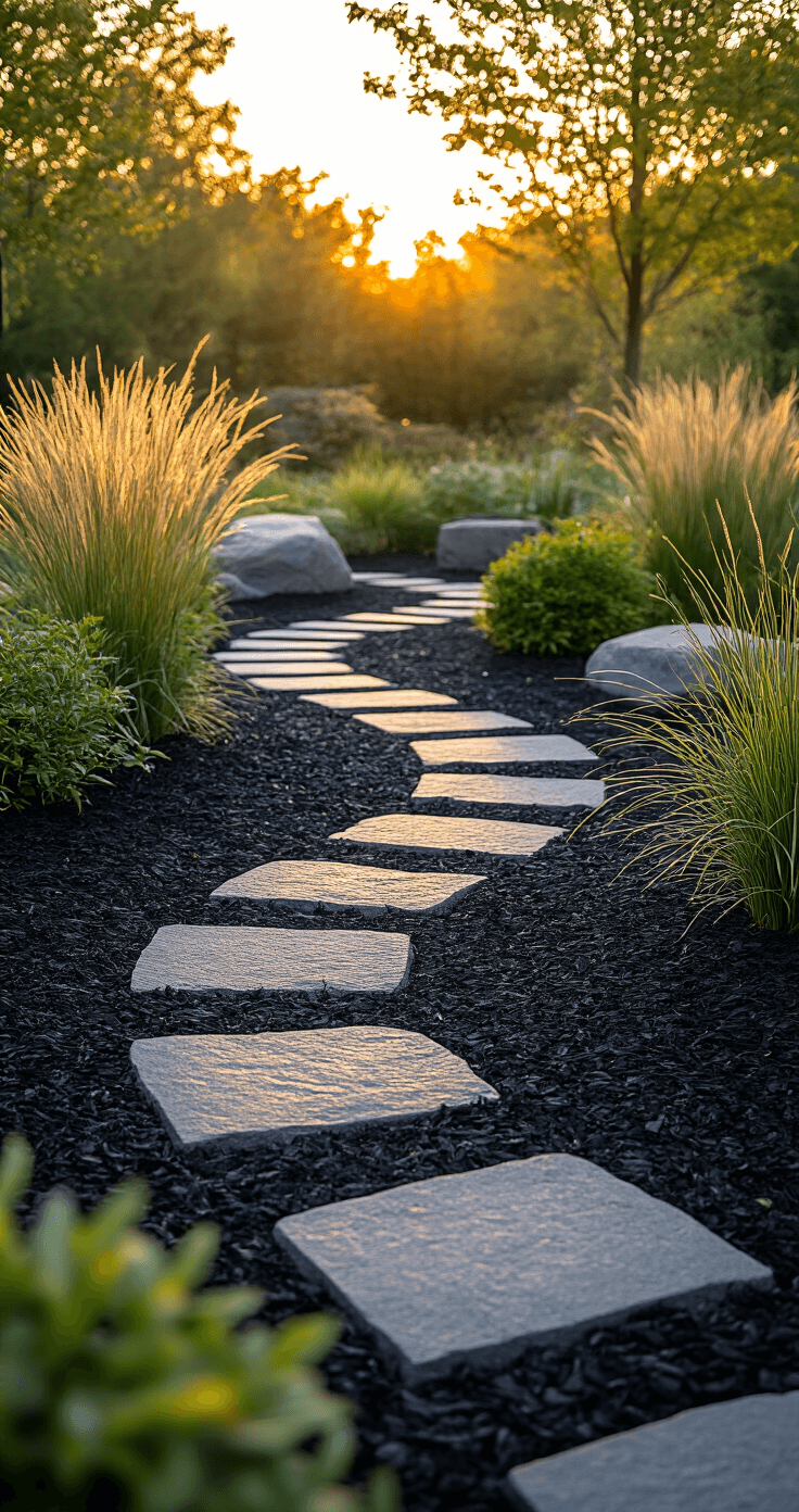 A landscaped meditation garden featuring black mulch pathways, stone elements, and ornamental grasses, captured in warm golden hour lighting from a standing height with a wide angle perspective.