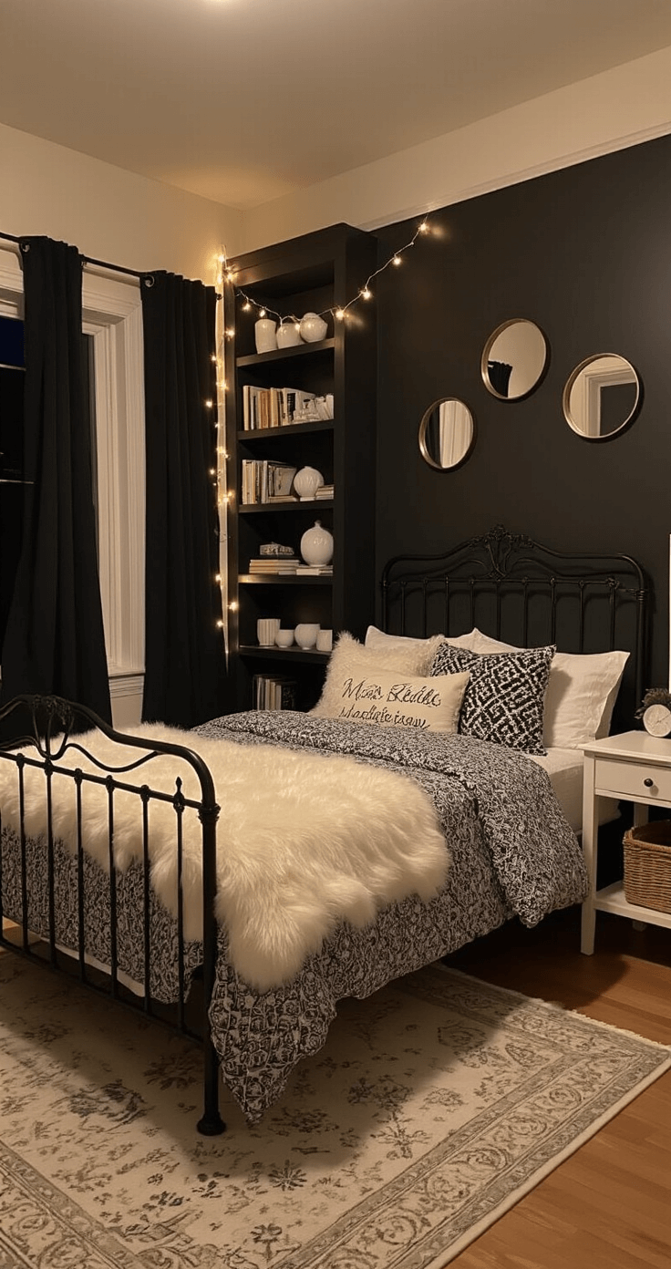 A cozy 9x11ft bedroom at twilight, featuring a wrought iron bed with mixed bedding and a faux fur throw, floor-to-ceiling matte black bookshelves, a white writing desk with round mirrors, and blackout curtains revealing the night sky, all illuminated by warm string lights.