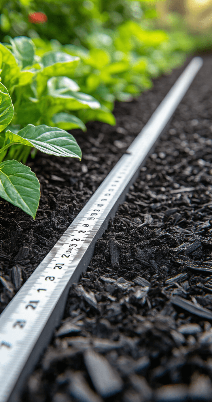 Close-up of black mulch properly layered against garden edging, showcasing 2-3 inch depth with a ruler for reference, captured at a 45-degree angle in neutral midday lighting for educational clarity.