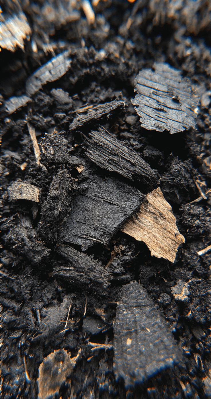 Artistic macro shot of black mulch showing stages of decomposition under soft diffused lighting, highlighting varied textures and organic patterns from fresh to partially decomposed pieces, captured directly above with a macro lens.