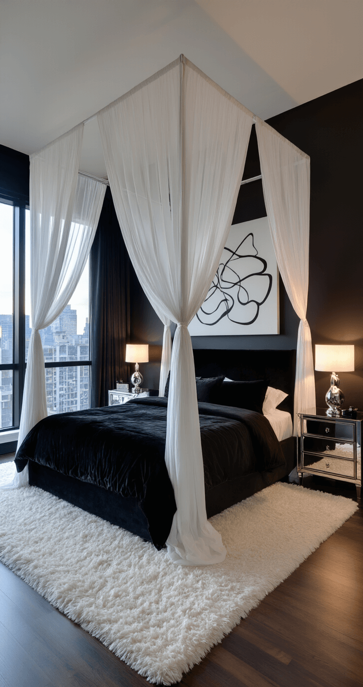 Luxurious master bedroom featuring a canopy bed with sheer drapes and black velvet bedding, a black accent wall with abstract art, twin silver floor lamps, a white shag rug, and a mirrored dresser, captured from an elevated angle near the entrance in soft evening light, highlighting city views through floor-to-ceiling windows.