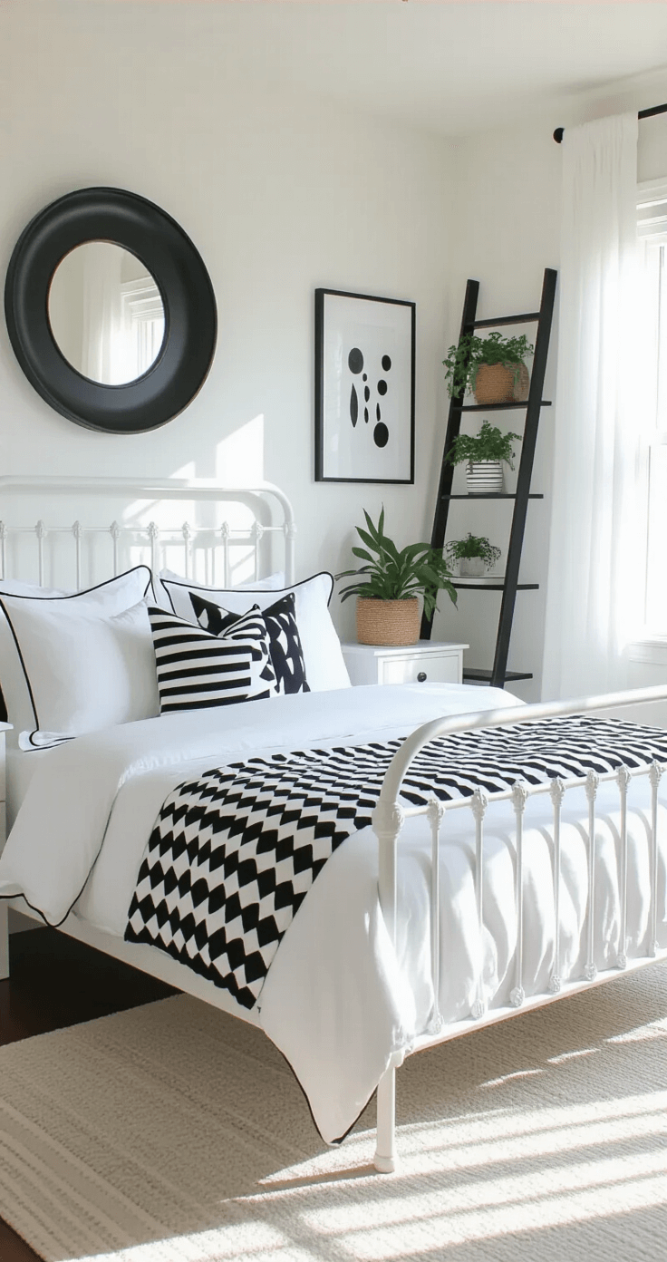 A bright and airy 12x14ft bedroom featuring a white iron bed with crisp linens, black piping, and geometric black and white throw pillows. The room has black and white striped wallpaper on one wall, soft white paint on others, and a black ladder shelf with plants and prints. White sheer curtains filter sunlight, and a round black mirror hangs above a white console table. The camera angle captures the light and spacious feel with high-key lighting for a fresh, calm atmosphere.