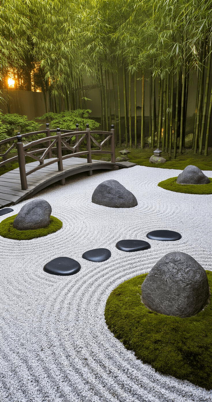 A tranquil Japanese Zen garden at golden hour, featuring smooth granite boulders in raked white gravel, a wooden footbridge over black polished stones, and soft shadows from bamboo plants, creating a serene and meditative atmosphere.