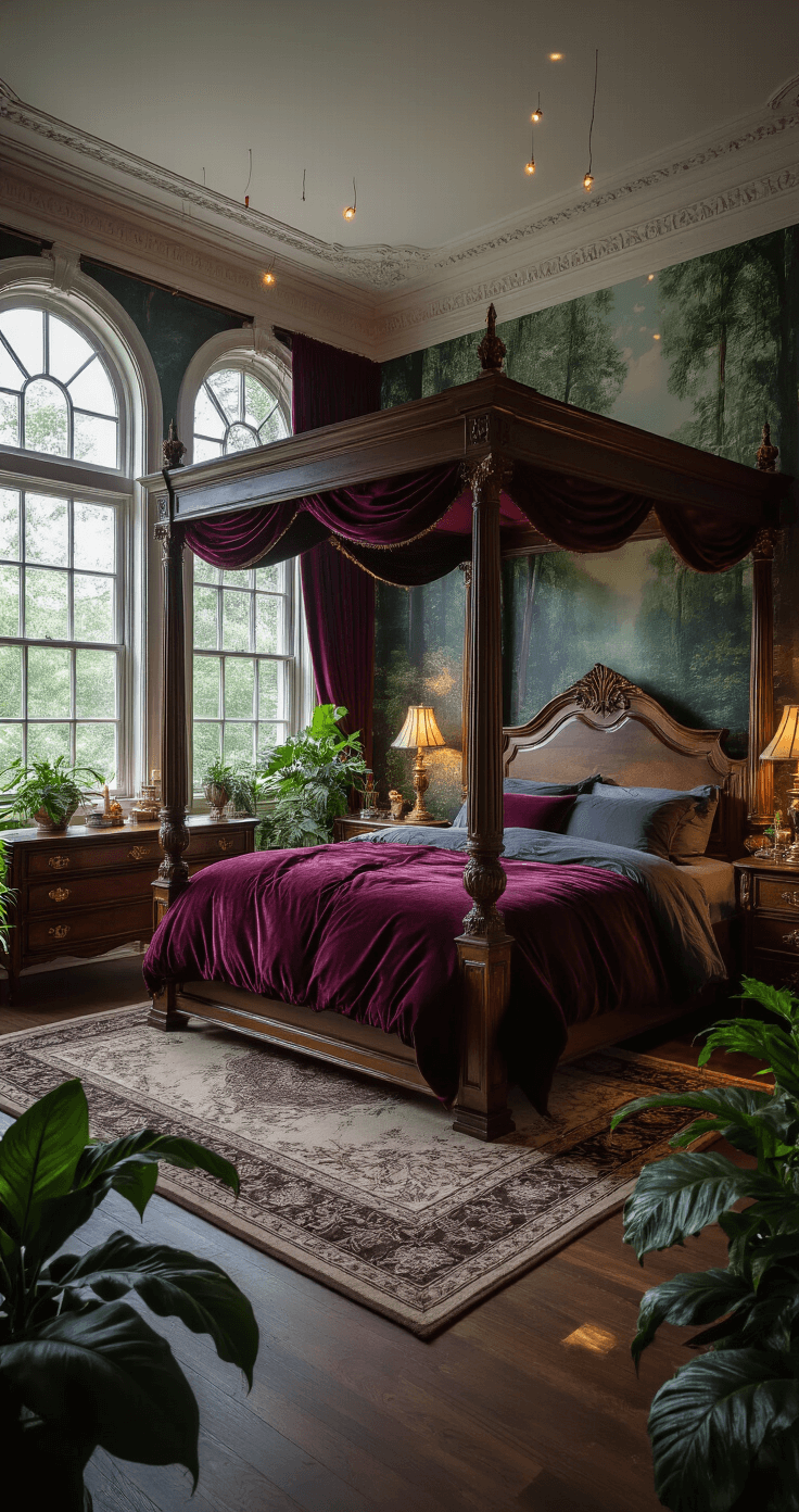 A luxurious bedroom featuring a grand four-poster bed with burgundy velvet bedding, ornate crown molding, and rich decor, illuminated by twilight through bay windows, with lush plants and soft string lights enhancing the dreamy ambiance.