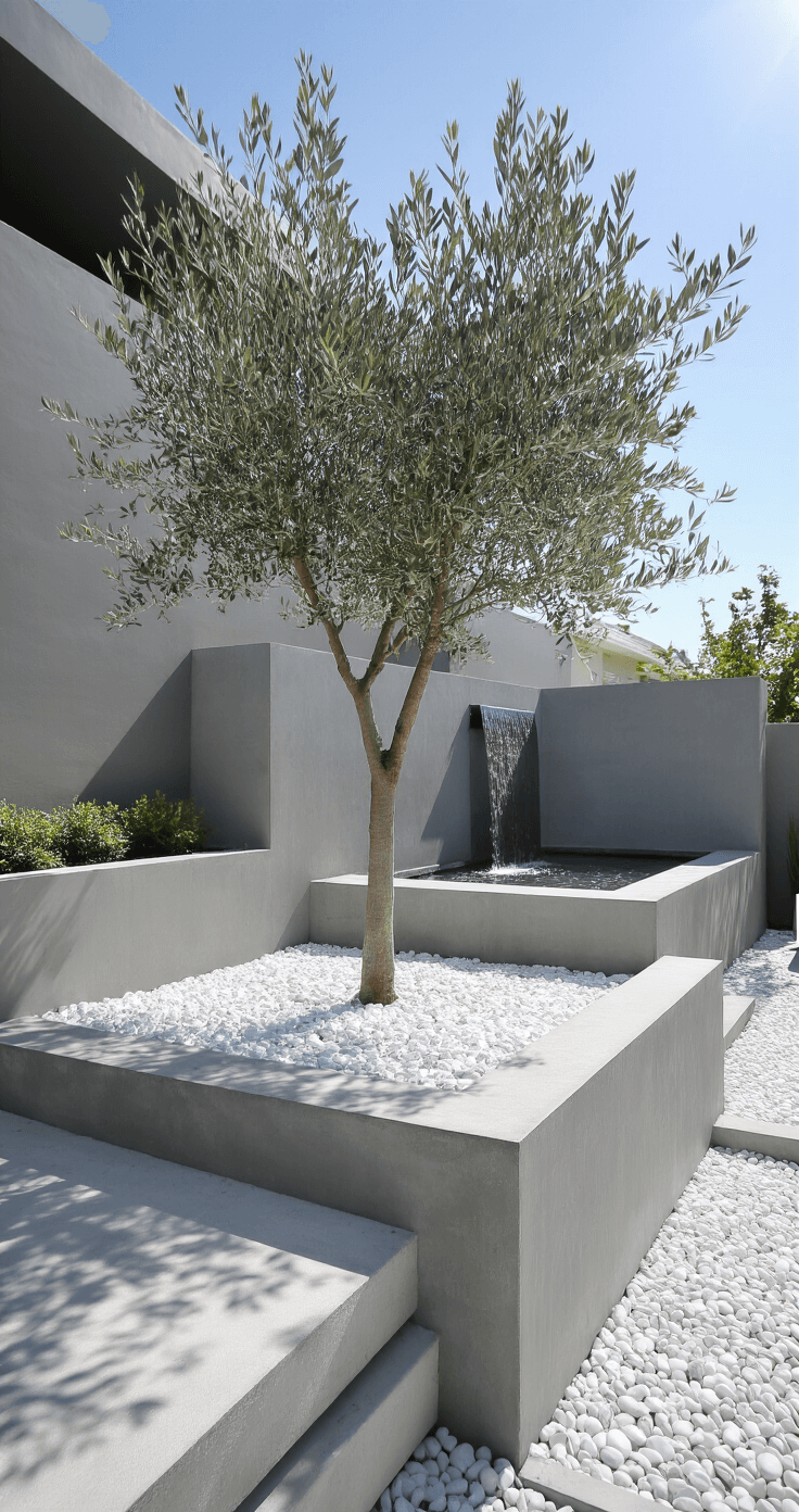 Modern minimalist front yard featuring angular concrete retaining walls, geometric terraces with white marble chips, a centered specimen olive tree, and a stainless steel water feature, all framed by charcoal beach pebble borders in a cool grey, white, and silver color palette.