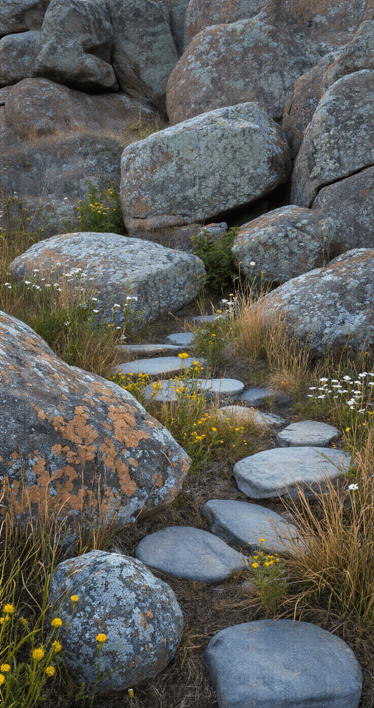 A serene natural wilderness landscape featuring weathered granite boulders nestled in a hillside, surrounded by native wildflowers and ornamental grasses. A dry stack stone wall adds structure, while lichen-covered rocks in earth tones and scattered river rocks create natural pathways, all captured in soft, diffused morning light with a slight mist.