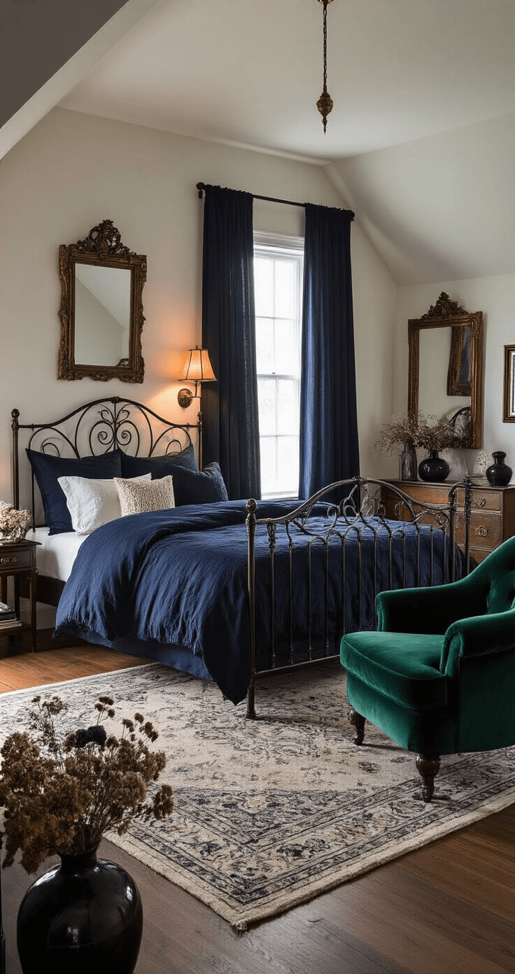 A cozy 12x12 ft bedroom with sloped ceilings, featuring a wrought iron bed with inky black and deep blue bedding, an emerald velvet armchair, and a burnished copper floor lamp. Early morning light filters through sheer navy curtains, illuminating antique mirrors and dried flowers. Moon and star motifs accentuate the intimate space.