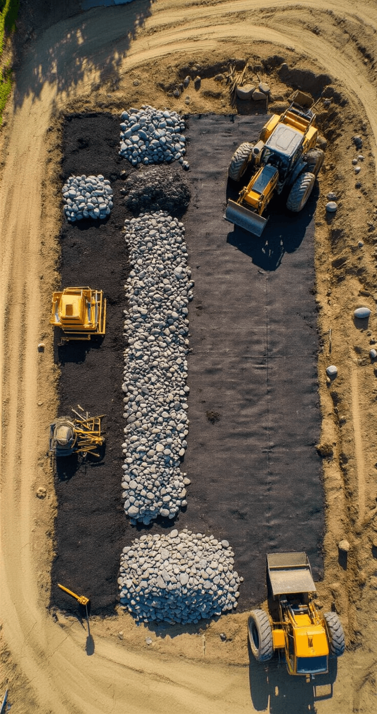 Aerial view of a recently cleared 40'x60' yard space in morning light, featuring neat rows of charcoal landscape fabric being installed. Sorted piles of river rocks in various sizes are nearby, along with construction equipment and tools that provide scale. Harsh shadows highlight the earth tones and textures of the scene, depicting a documentary-style work in progress.