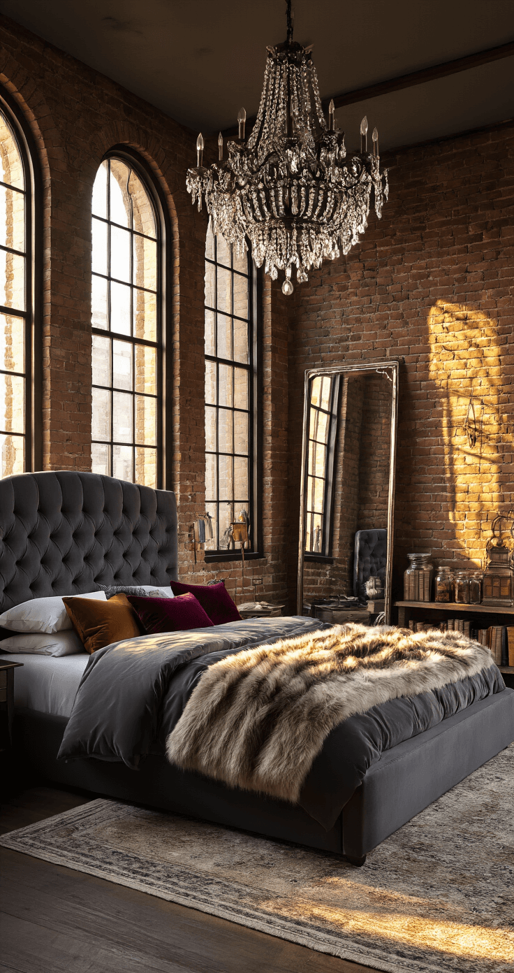 A narrow bedroom with exposed brick walls and golden hour sunlight through arched windows, featuring a king-size bed with a charcoal gray headboard, jewel-toned pillows, and a faux fur throw. An antique chandelier hangs above, and a large mirror leans against the wall. Built-in shelves display vintage books and apothecary jars, with dramatic lighting creating contrasts between sunlight and shadows.