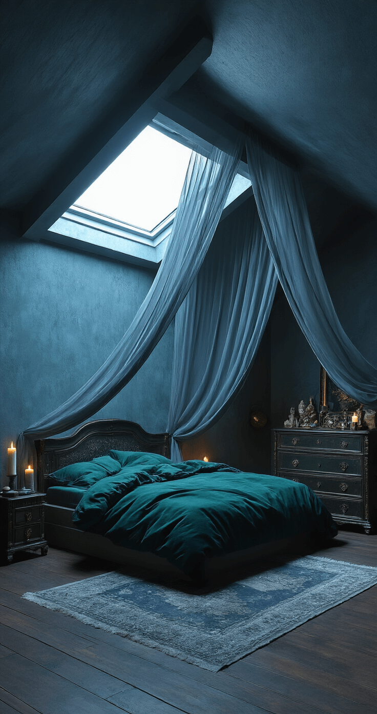 A compact bedroom with a vaulted ceiling features moonlight streaming through a skylight, casting ethereal shadows. In the center is a low-profile platform bed with deep emerald and navy layers, surrounded by a gauzy gray canopy. An ornate dresser with dark patina displays mystical objects, while a flickering candle emits a forest scent from the nightstand. The camera angle looks slightly downwards, highlighting the bed and canopy in cool blue-toned lighting.