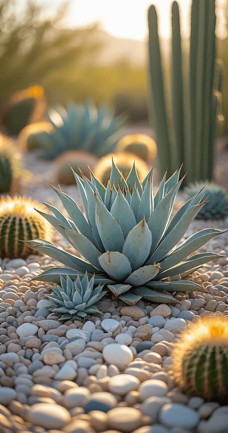 A desert garden vignette featuring spiky agave plants and vertical cacti amidst smooth Mexican beach pebbles, highlighted by dramatic late afternoon side-lighting, with shadows creating striking patterns on warm-toned decomposed granite substrate.