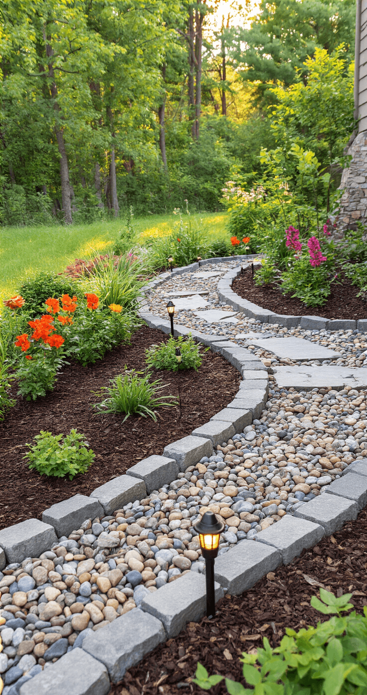 A budget-friendly backyard transformation featuring a natural border of local fieldstone around mulched beds, accented by a mixture of river rocks and gravel. Simple solar lights illuminate a pathway, while native plants add vibrant color amidst warm earth tones and grey stone accents, all captured in soft, even lighting.