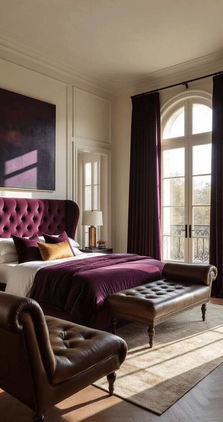 A luxurious master bedroom featuring a tufted burgundy velvet bed, silk and velvet bedding in plum and gold, a burnished leather chaise lounge, midnight blue curtains framing French doors, and an oversized dark abstract painting, all illuminated by warm late afternoon sunlight casting long shadows.