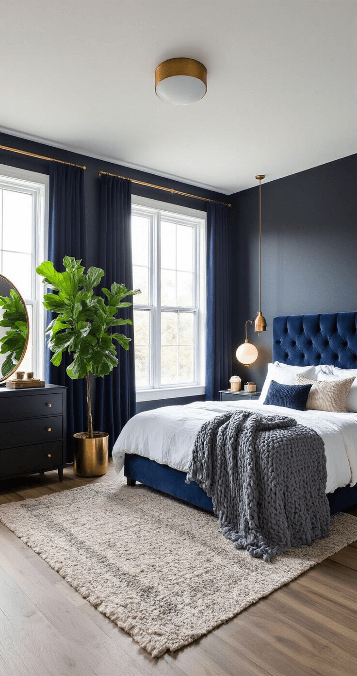 A cozy, twilight-lit bedroom with deep charcoal walls features a king-size platform bed with a plush midnight blue headboard, draped with chunky knit throws over white bedding. Floor-to-ceiling navy blackout curtains frame tall windows, while a sleek black dresser showcases a large round brass-framed mirror. Warm light from copper-base bedside lamps highlights the textures, complemented by a vibrant fiddle leaf fig plant in the corner.
