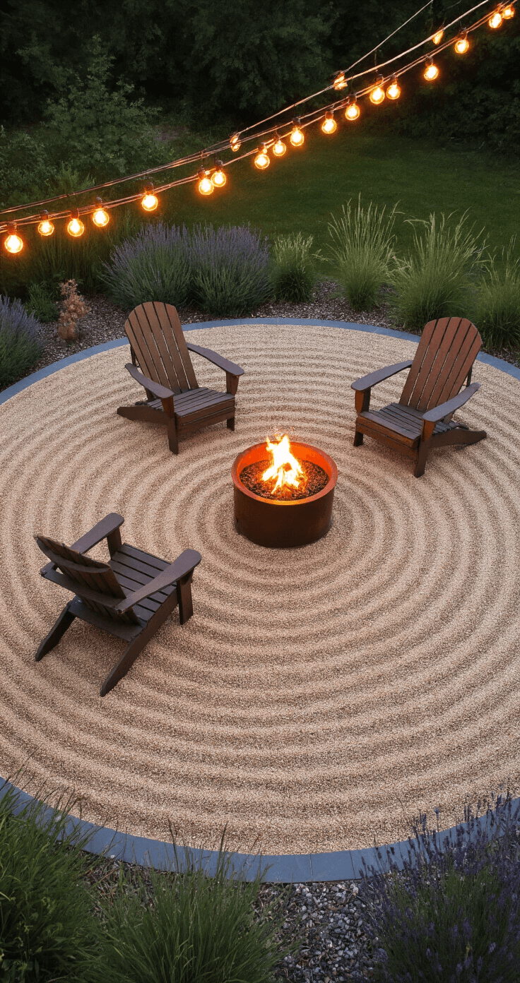 Creating the Perfect Pea Gravel Fire Pit Area: Your Ultimate DIY Guide A tranquil twilight scene featuring a circular pea gravel patio surrounded by natural landscaping, captured from a 45-degree elevated angle. The warm glow of copper string lights illuminates a central copper fire pit with dancing flames, flanked by four weathered teak Adirondack chairs. The beige-toned pea gravel is raked into concentric circles, bordered by native grasses and lavender, with a grey-blue slate stone border. Warm golden hour lighting enhances the inviting and sophisticated casual mood.