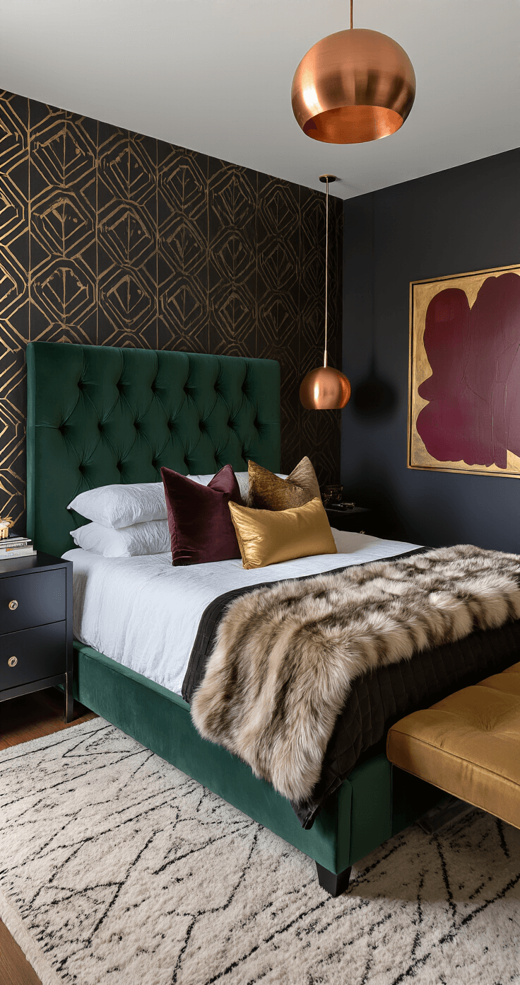 An intimate bedroom featuring obsidian-painted walls, a queen-size bed with a dark green velvet headboard, faux fur throws, copper pendant light, and geometric wallpaper, captured from an elevated angle.
