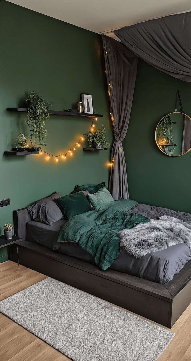Modern bedroom at night featuring forest green walls, a dark wood platform bed with charcoal and emerald linens, a grey faux fur throw, matte black floating shelves with minimalist decor and trailing plants, string lights behind a sheer canopy, and a large round mirror with a thin brass frame, captured from a low angle to emphasize the cozy atmosphere.