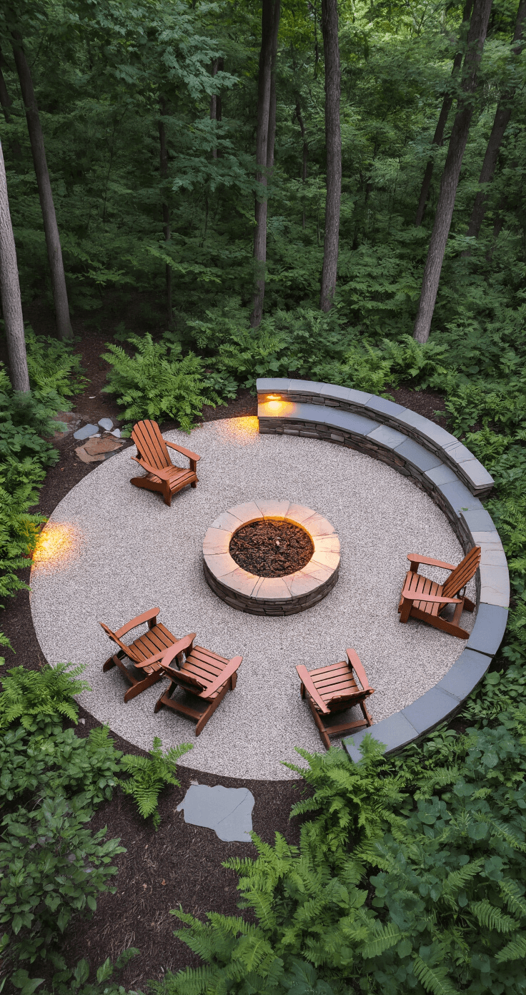 Creating the Perfect Pea Gravel Fire Pit Area: Your Ultimate DIY Guide Overhead drone shot of a circular gathering space with a natural stone fire pit and flagstone seating wall, surrounded by woodland. Dusk lighting highlights built-in LED ground lights, with mixed neutral gravel tones and native ferns. Adirondack chairs create cozy conversation areas.