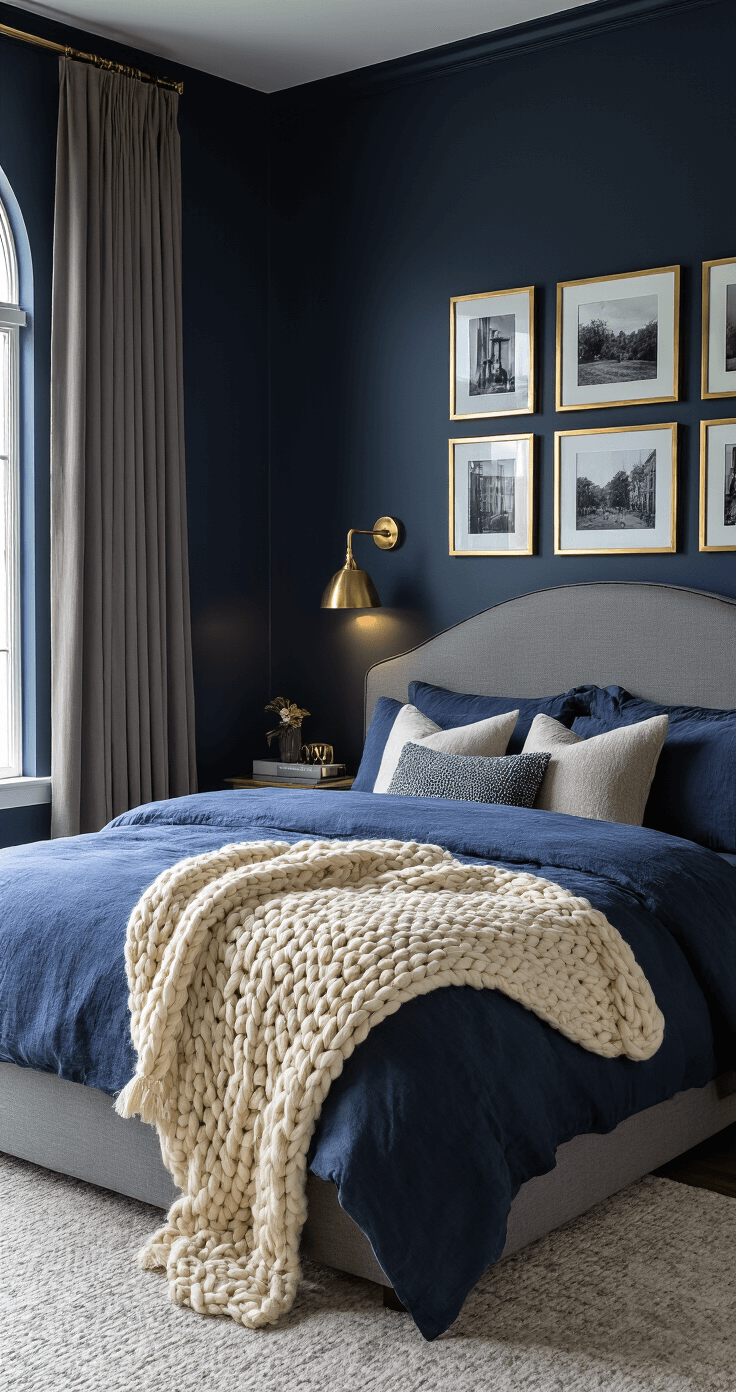 A chic bedroom featuring deep navy walls, a charcoal grey upholstered headboard, and a king-size bed layered with blue and grey linens, accented by a cream chunky knit blanket. Brass wall sconces provide a warm glow, while a gallery wall of black and white photographs in gold frames adds interest. The large arched window, draped with heavy velvet curtains, showcases soft morning light illuminating the cozy textures.