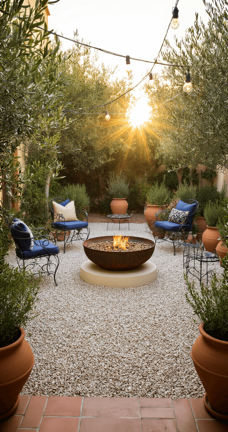 Creating the Perfect Pea Gravel Fire Pit Area: Your Ultimate DIY Guide An intimate 15'x15' pea gravel courtyard at golden hour, featuring a Moroccan-inspired metal fire bowl on an ivory gravel base, surrounded by vintage terracotta pots with Mediterranean herbs, wrought iron bistro sets with indigo cushions, terracotta tile edging, and string lights criss-crossing overhead, with sun flare visible through olive trees, evoking a romantic Mediterranean atmosphere.