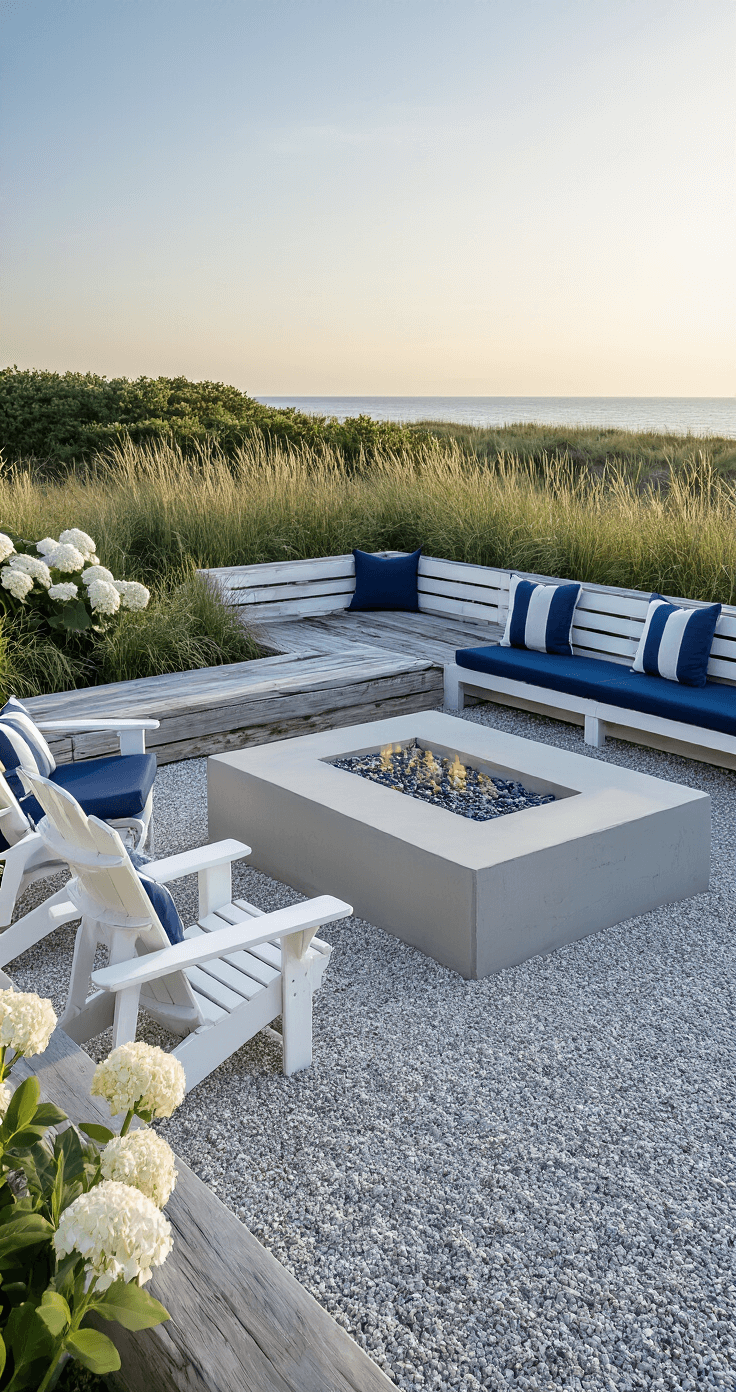 Creating the Perfect Pea Gravel Fire Pit Area: Your Ultimate DIY Guide A coastal-inspired lounge area featuring light gray pea gravel bordered by weathered driftwood. A modern low-profile concrete fire pit adorned with sea glass sits at the center, surrounded by a white Adirondack sectional with navy cushions. Coastal grasses and white hydrangeas frame the space, captured in late afternoon light with a sense of casual elegance and beachy calm.