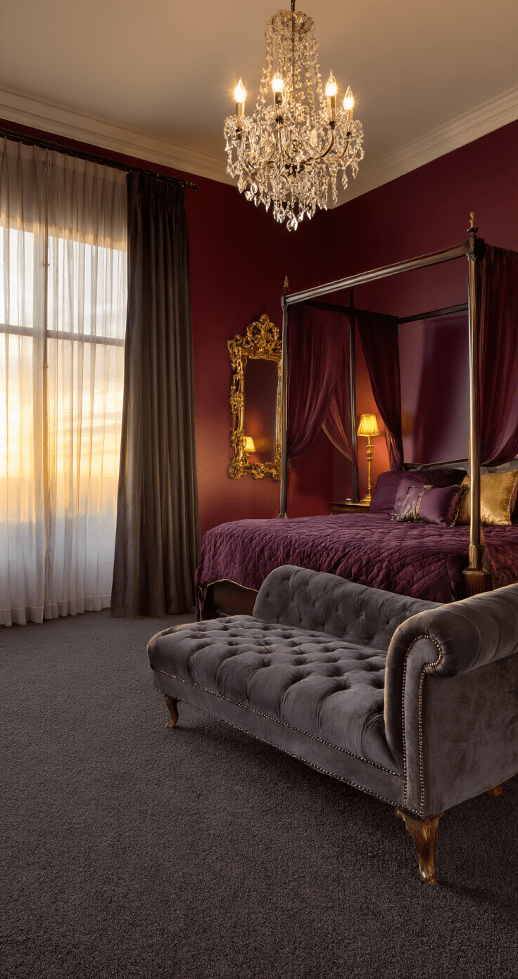 An elegant master bedroom with deep burgundy walls, a regal four-poster bed draped in sheer curtains, luxurious plum and gold bedding, a deep grey tufted velvet chaise lounge, a crystal chandelier, brass table lamps, and an ornate gold-framed mirror, all illuminated by warm sunset light filtering through sheer curtains.
