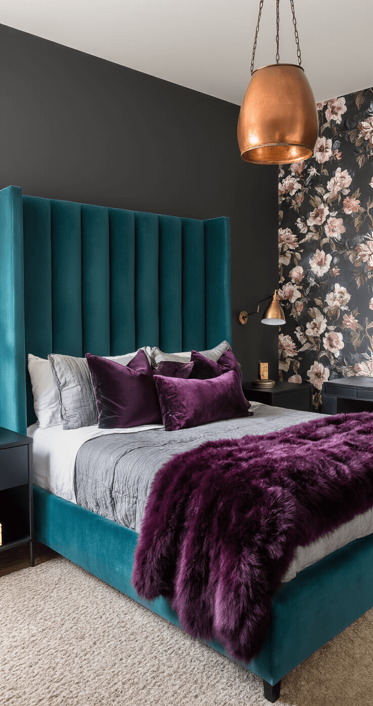 A cozy midnight bedroom featuring charcoal walls, a queen-size bed with a deep teal tufted headboard, jewel-toned pillows, and a faux fur throw. A copper pendant light casts a warm glow over the space, highlighted by dark floral wallpaper on an accent wall and a matte black writing desk with a vintage lamp, captured in dramatic shadows.