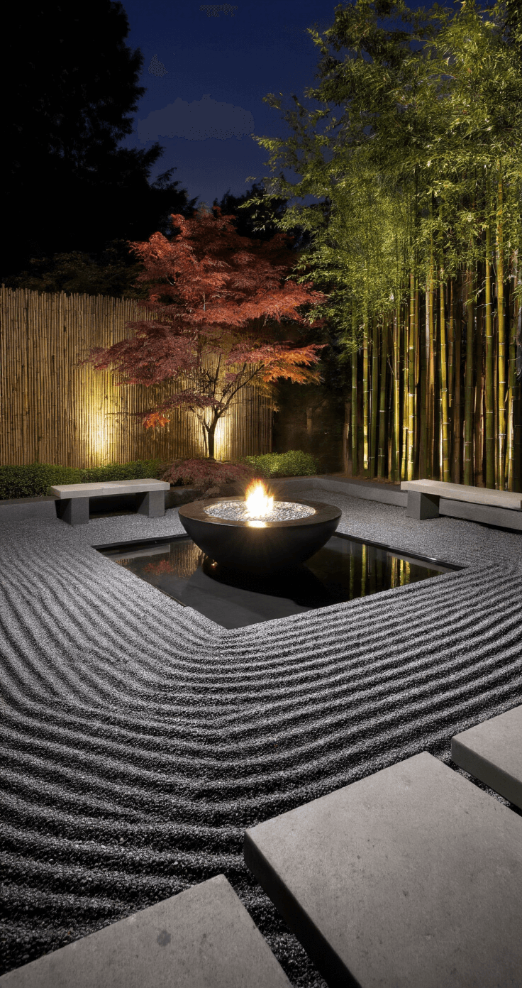 Creating the Perfect Pea Gravel Fire Pit Area: Your Ultimate DIY Guide Dramatic night shot of a serene Asian-inspired meditation garden featuring a black granite fire bowl surrounded by a reflecting pool, dark charcoal pea gravel raked in zen patterns, Japanese maples with uplighting shadows, a natural bamboo privacy screen, and low stone benches with minimalist cushions, captured from a low angle to reflect the tranquil scene.
