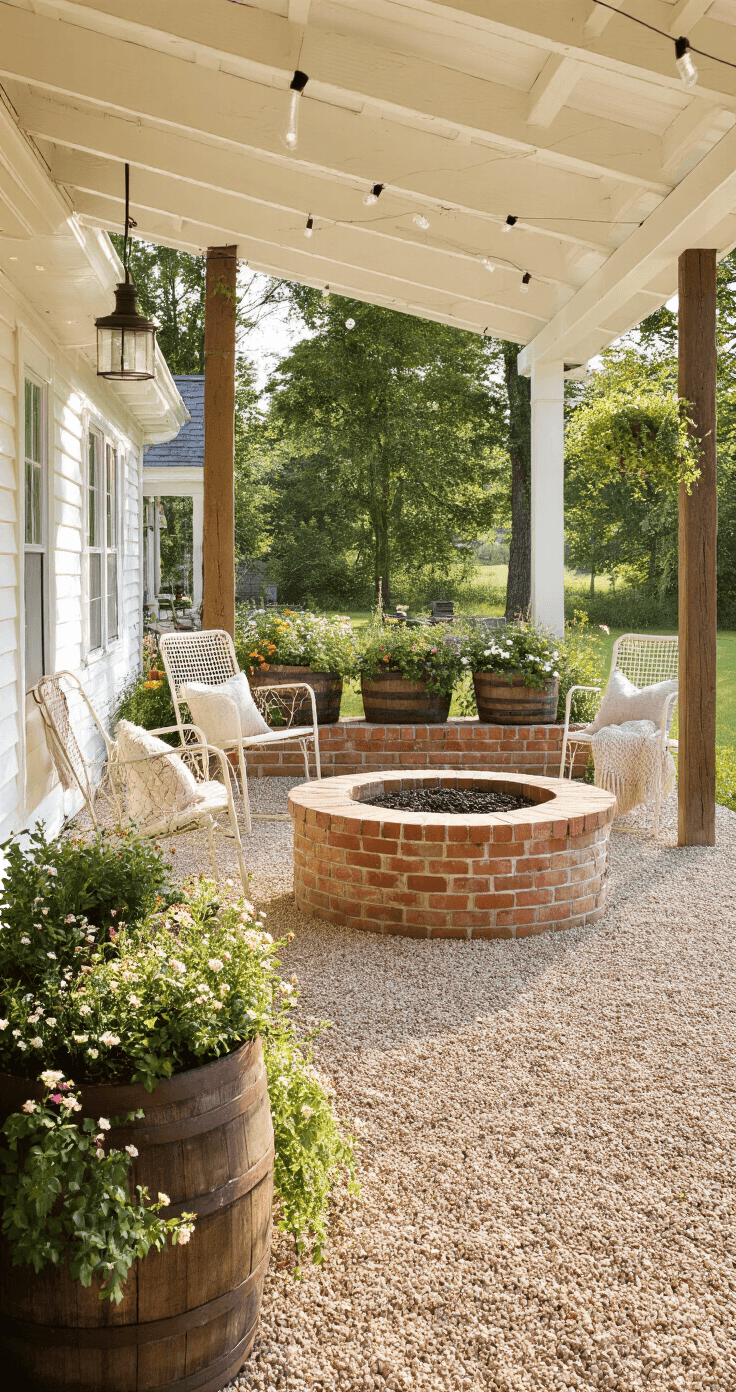 Creating the Perfect Pea Gravel Fire Pit Area: Your Ultimate DIY Guide Afternoon view from a covered porch of a rustic farmhouse-style entertainment space featuring a stone fire pit, vintage lawn chairs with knit throws, whiskey barrel planters filled with flowers, and white string lights draped from cedar posts, all set on natural pea gravel.