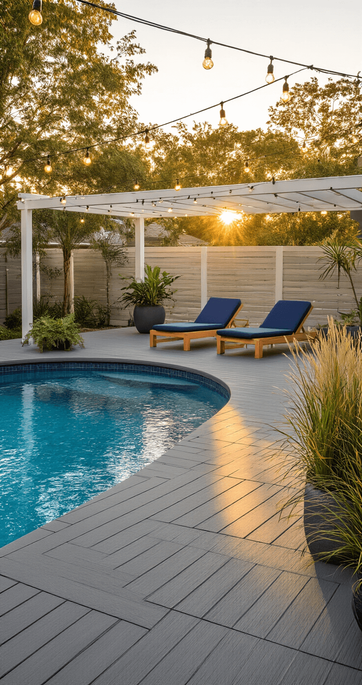 A low-angle view of a stunning above-ground pool deck at golden hour, featuring a weathered gray composite deck wrapping around a round pool, modern glass railings, string lights overhead, two teak lounge chairs with navy cushions beneath a white pergola, and potted palms and coastal grasses, all in a warm color palette.