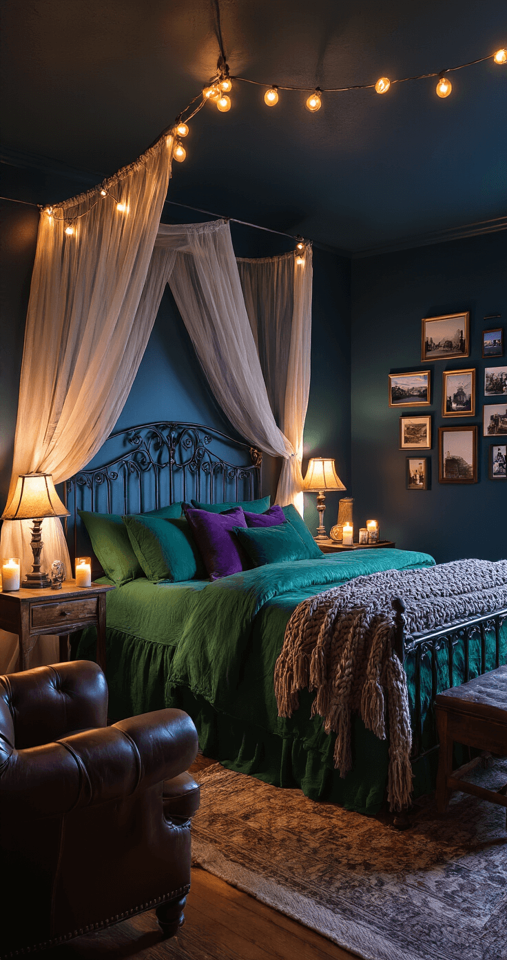 A cozy twilight bedroom featuring a wrought iron canopy bed with emerald green and deep purple linens, illuminated by string lights and candles, with vintage side tables, eclectic lamps, a leather armchair, a chunky knit throw, and a gallery of travel photographs on midnight blue walls.