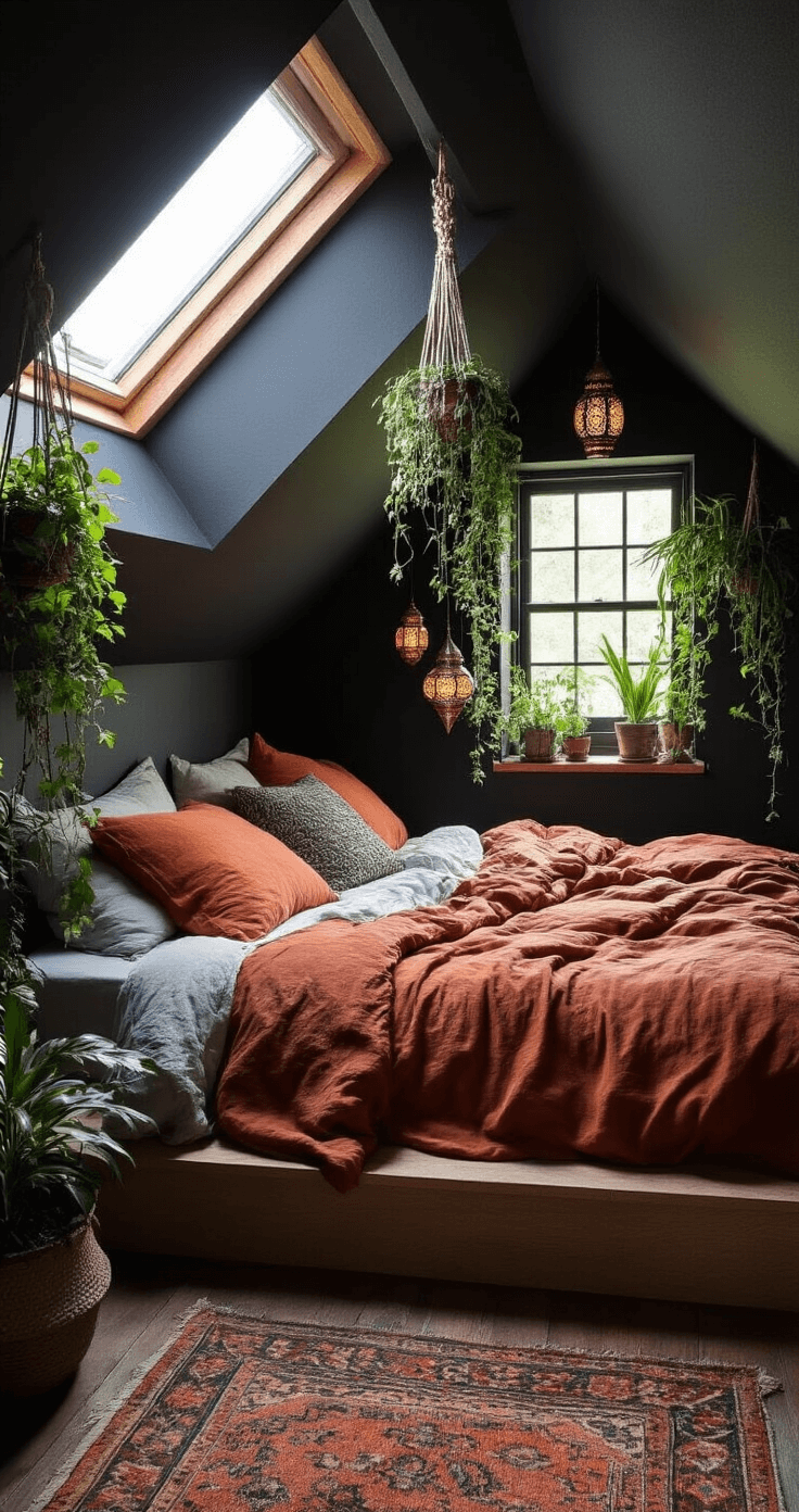 A small, narrow attic bedroom with slanted matte black walls and ceiling, illuminated by sunlight from a dormer window. A low platform bed with rumpled rust-colored bedding is central, surrounded by trailing plants in macramé hangers and decorative Moroccan lanterns casting intricate shadows. The view is from the doorway, highlighting the room's unique architecture and light-dark contrast.