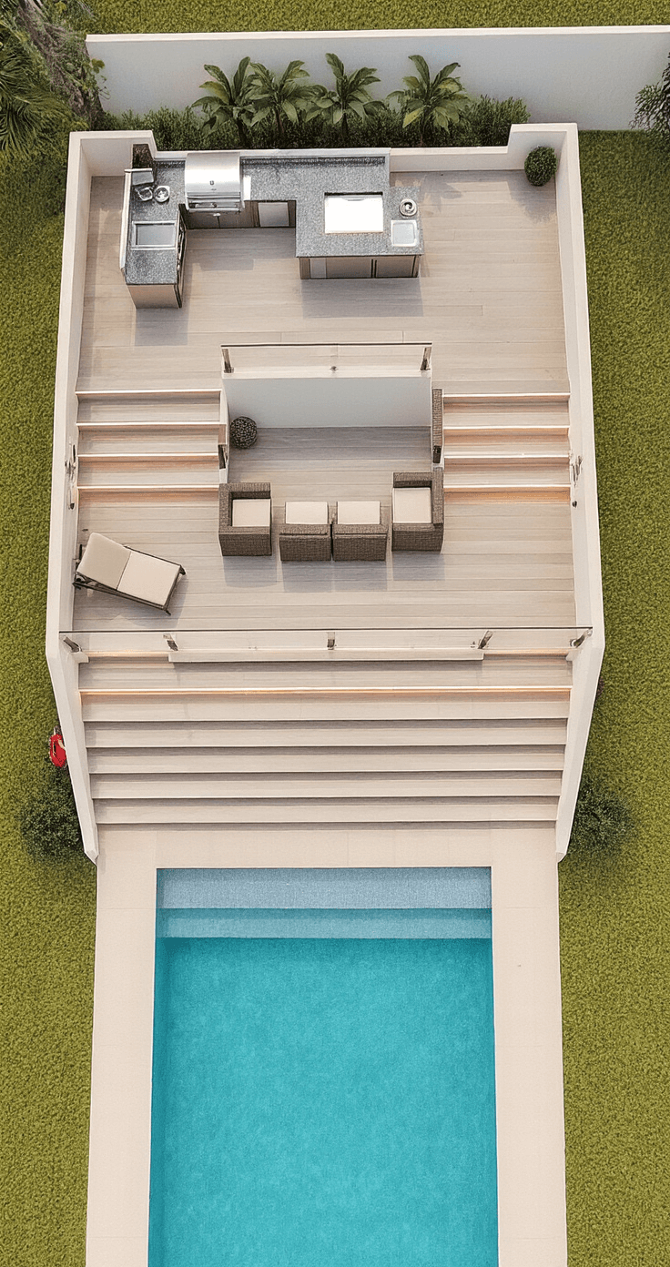 Aerial view of a multi-level pool deck featuring three tiers in light sand composite decking, an outdoor kitchen with stainless steel appliances on the highest tier, a cream wicker conversation pit on the middle level, and wide stairs leading to the pool on the lowest tier, accented with LED strip lighting and tropical turquoise details.
