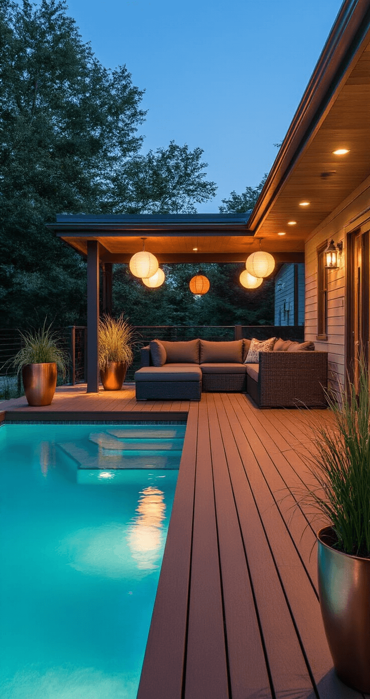 Cozy evening scene on a partial deck with warm recessed lighting and glowing paper lanterns, featuring a charcoal sectional, ornamental grasses in copper planters, and rich espresso composite decking, all illuminated by blue hour and aqua pool reflections.