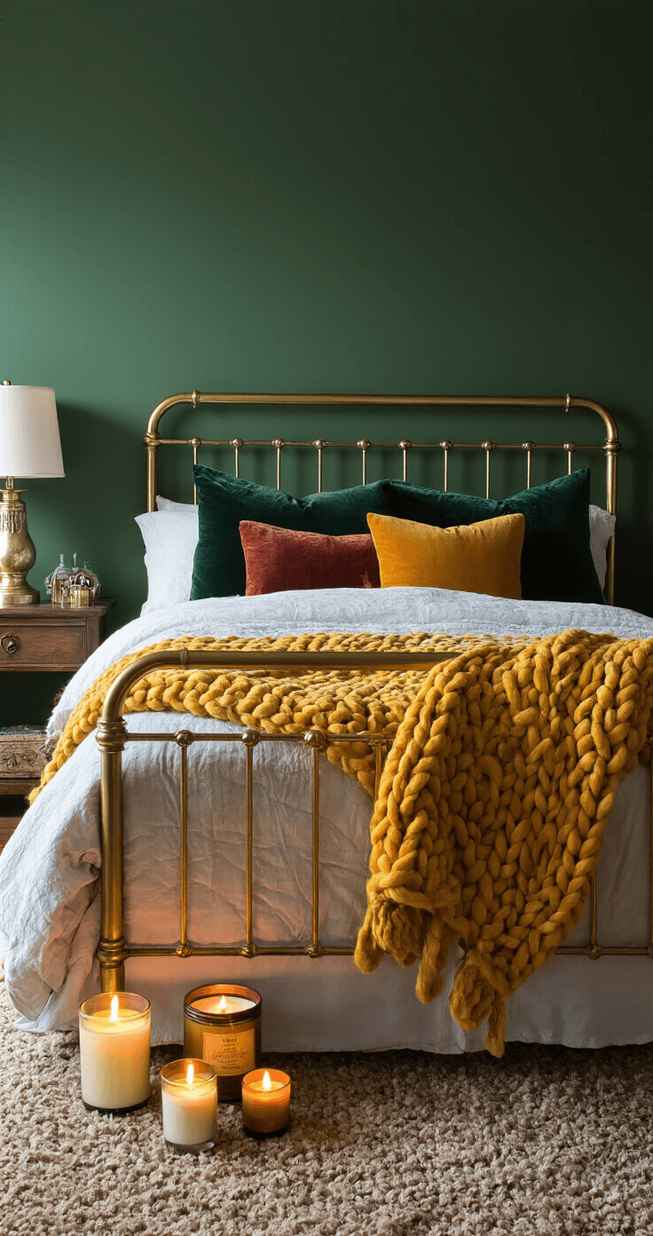 Cozy bedroom with deep forest green walls, vintage brass bed adorned with jewel-toned velvet pillows and a mustard yellow chunky knit throw, illuminated by warm candlelight from soy candles, featuring a large ornate Moroccan mirror and lush potted ferns.