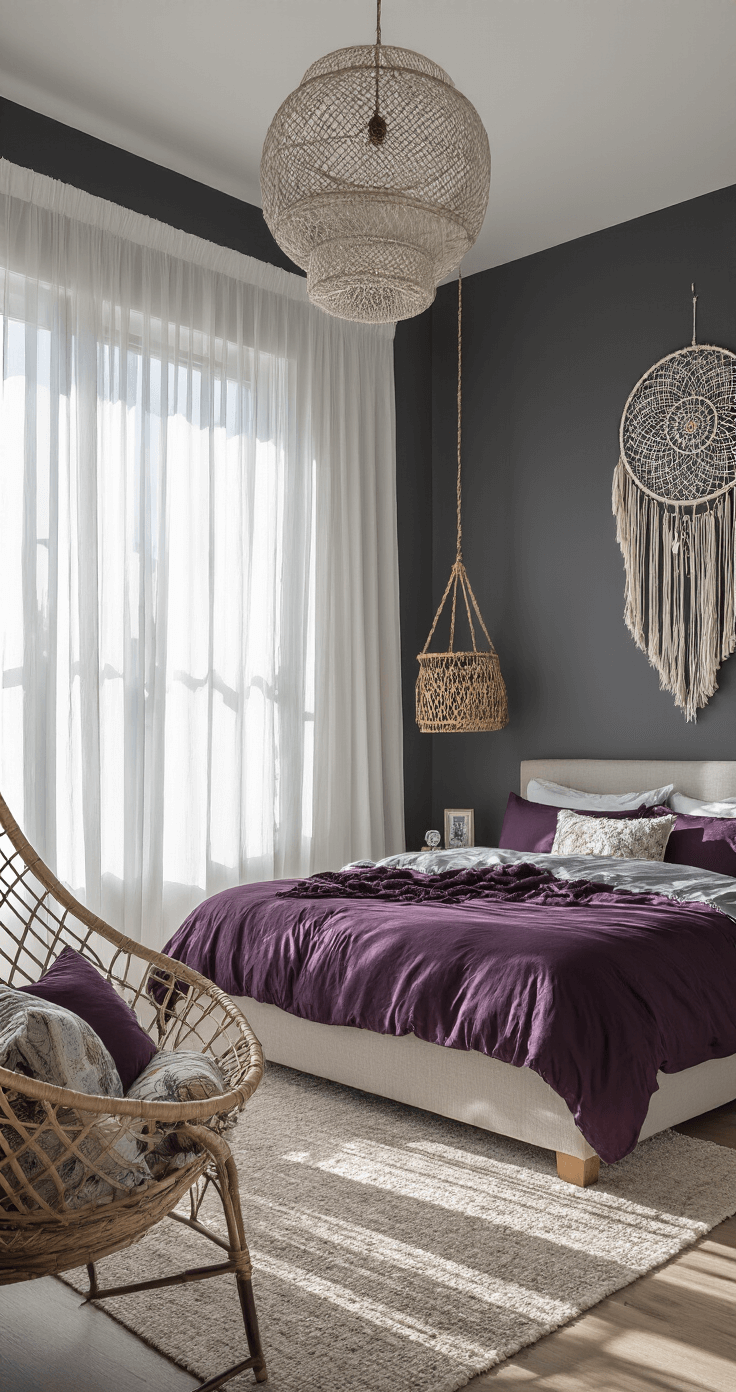 A bright and airy 15x15 ft bedroom with charcoal grey walls, sheer white curtains, a California king bed with deep plum and silver bedding, an oversized dream catcher, and a reading nook featuring a hanging rattan chair filled with bohemian pillows, captured from an elevated angle.