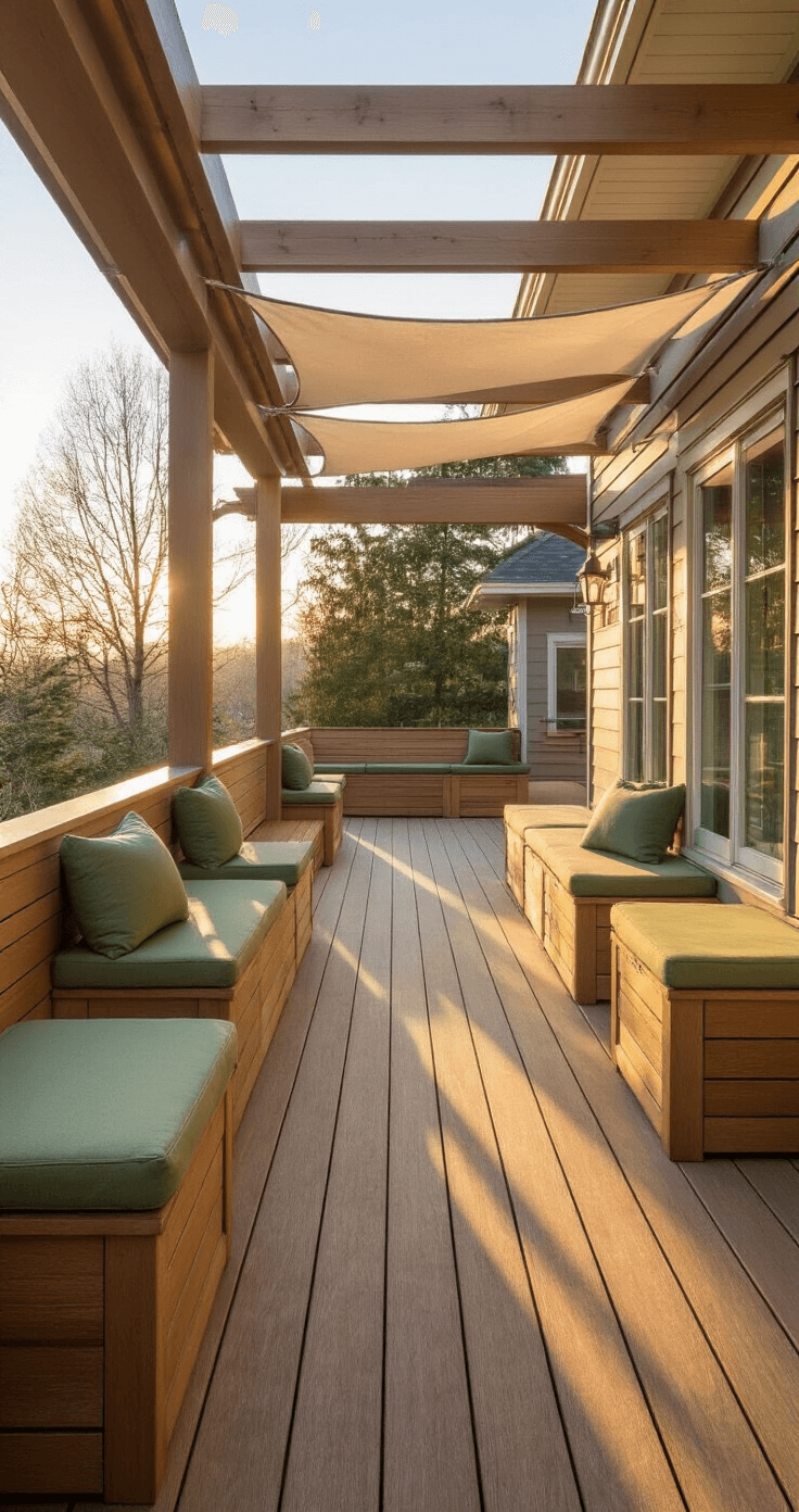 Wide-angle dawn view of a spacious wraparound deck featuring cedar-toned composite flooring, built-in benches with sage green cushions, and partial shade from a pergola and white canvas sail shades, casting long shadows in the morning light.