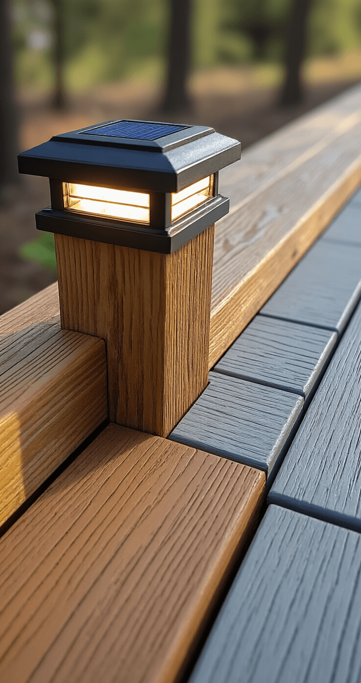 Close-up shot of a deck transition where pressure-treated pine meets gray composite decking, featuring rich brown tones and decorative post caps with integrated solar lights, captured in mid-morning light to showcase texture and craftsmanship.