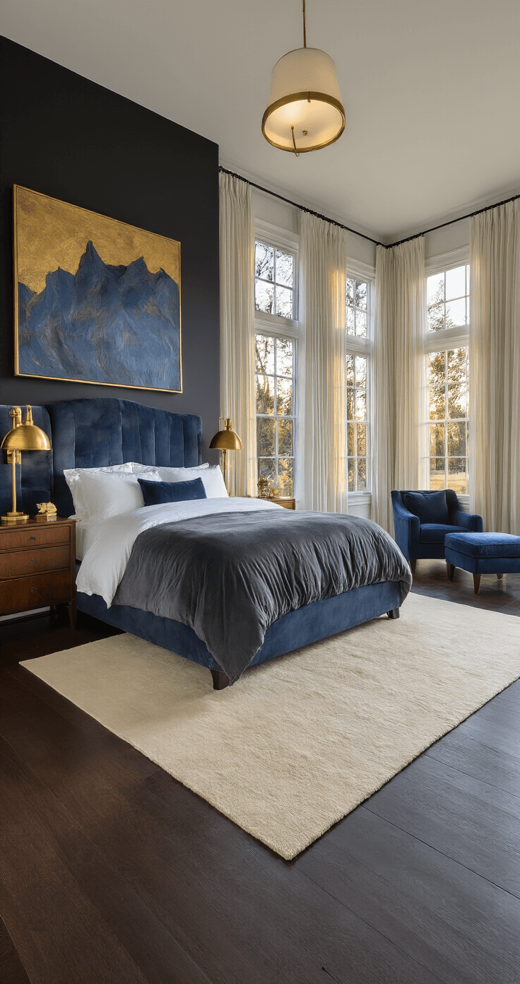 A spacious master bedroom featuring a king-size bed with a navy velvet headboard, warm lighting from brass lamps, an abstract painting on a black accent wall, and a cozy cream area rug.